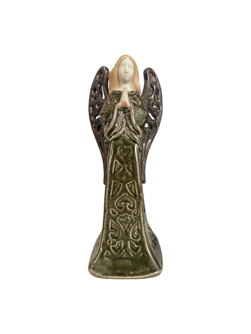 Ceramic Angel Figurine Earth Tone Glaze Praying Angel Sculpture 8 Inch